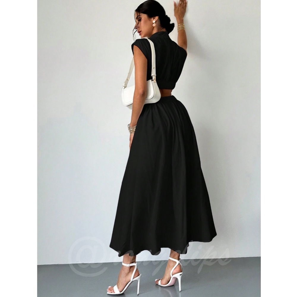 Black Long Dress High Neck Cut Out Back Flared Skirt Sleeveless - Picture 6 of 10